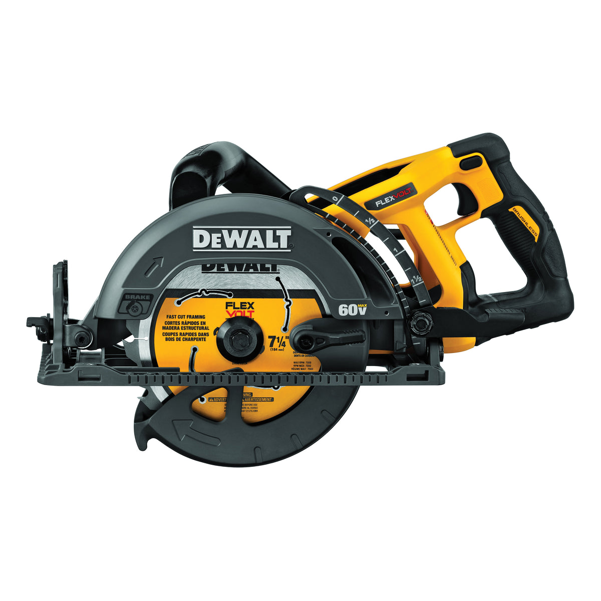 DeWALT® 60V MAX* FLEXVOLT® DCS577B Worm Drive Cordless Circular Saw, 7-1/4 in Blade, 5/8 in Arbor/Shank, 60 V DC, 1-7/8 in at 45 deg, 2-7/16 in at 90 deg D Cutting, Li-Ion Battery, Left Blade Side, Bare Tool
