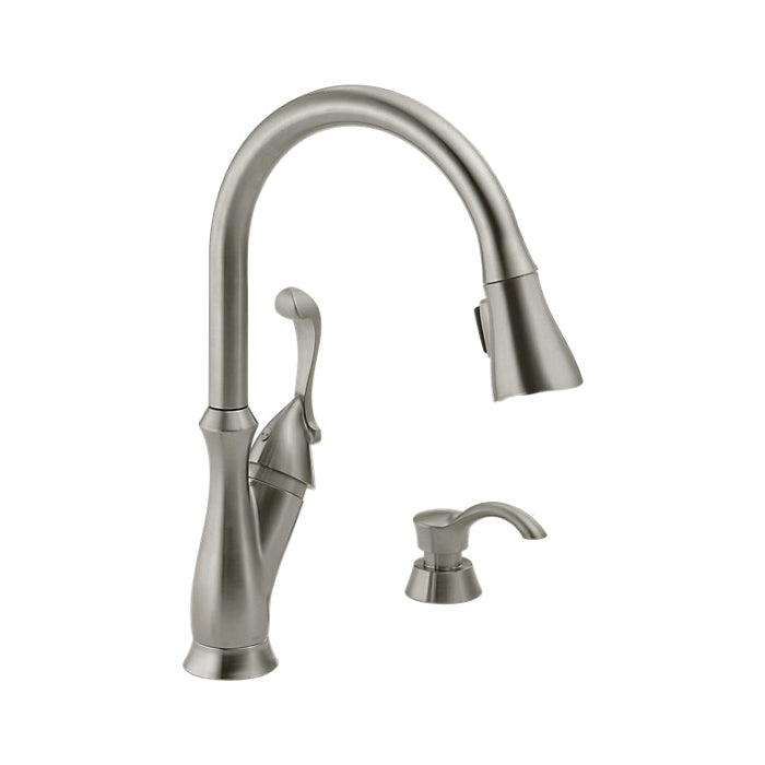DELTA® Arabella™ Kitchen Faucet With Matching Finish Soap Dispenser, 1.8 gpm Flow Rate, 1 Handles, 2/4 Faucet Holes, Function: Traditional, Domestic, Commercial