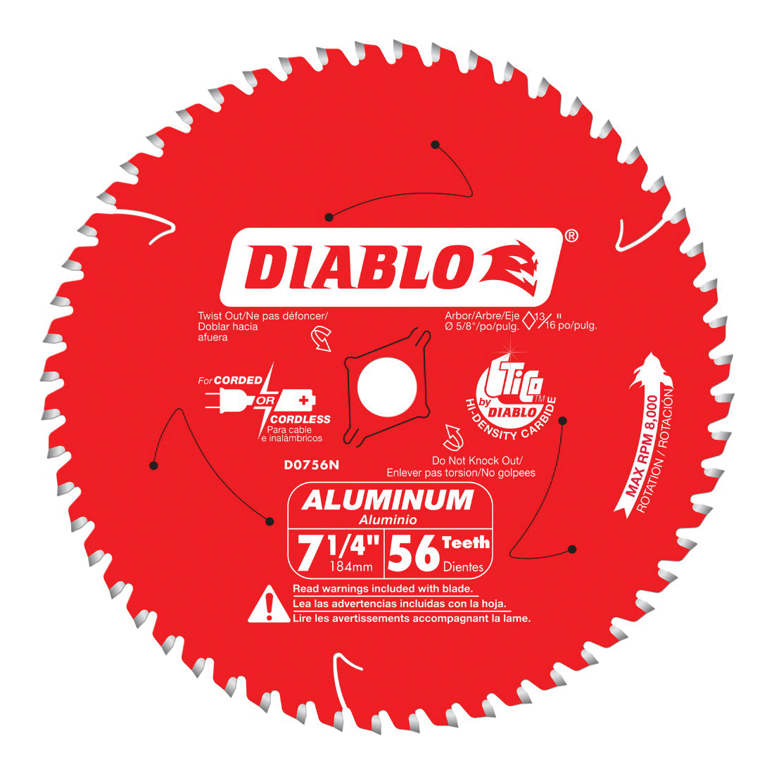 Diablo® D0756N Circular Saw Blade, 7-1/4 in Dia x 0.087 in THK, 5/8 in Arbor, Carbide Blade, 56 Teeth