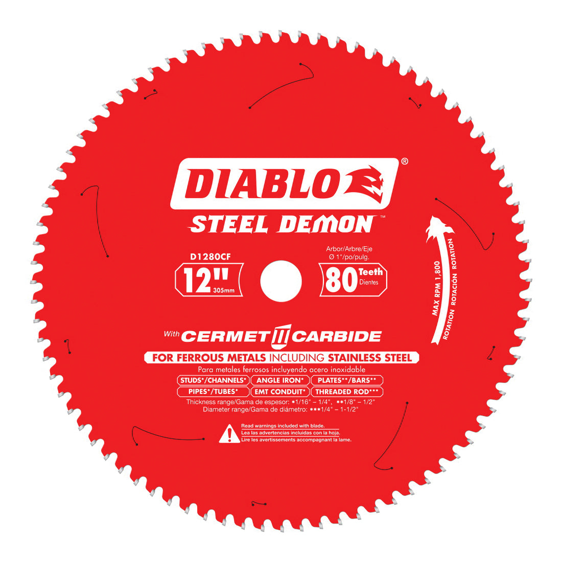 Diablo® D1280CF Steel Demon® Circular Saw Blade, 12 in Dia x 0.071 in THK, 1 in Arbor, Carbide Blade, 80 Teeth