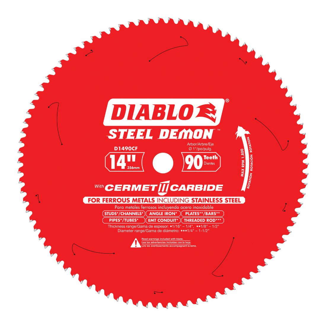 Diablo® D1490CF Steel Demon® Circular Saw Blade, 14 in Dia x 0.071 in THK, 1 in Arbor, Carbide Blade, 90 Teeth