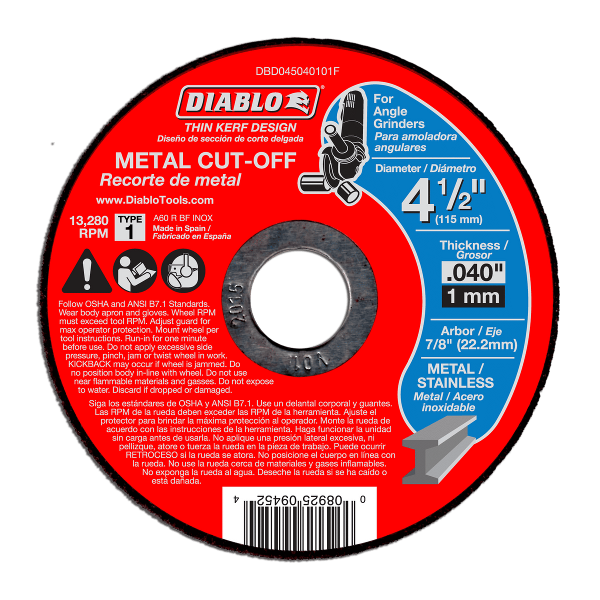 Diablo® DBD045040101F Heavy Duty Cut-Off Disc, 4-1/2 in Dia 0.04 in THK, 7/8 in Center Hole, Aluminum Oxide Abrasive