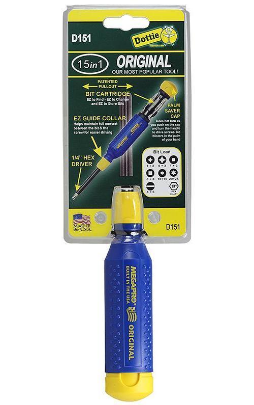 Dottie® MEGAPRO® D151 15-in-1 Original Screwdriver Set, #0, #1, #2, #3, #4, #6, 1/4 in, 4 mm, 6 mm, T10, T15, T20, T25 Hex/Phillips®/Slotted/Square/Torx® Point, Steel Shank