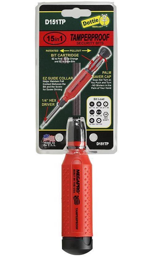 Dottie® MEGAPRO® D151TP 15-in-1 Tamperproof Screwdriver Set, #6, #8, #10, #12, 1/4 in, 1/8 in, 3/16 in, 9/64 in, 15/32 in, T10, T15, T20, T25, T27, T30 6-Lobe/Hex Pin/Spanner Point