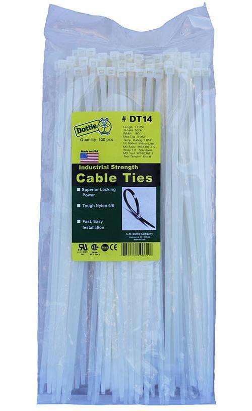 Dottie® DT14 Standard Duty Bent Tip Cable Tie, 14-1/4 in L x 0.18 in W x 0.052 in THK, Nylon, Natural