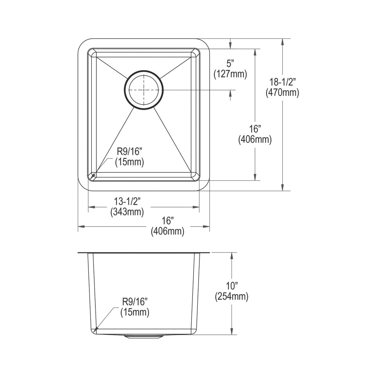 Crosstown - 16" Transitional Kitchen Sink - Single Bowl