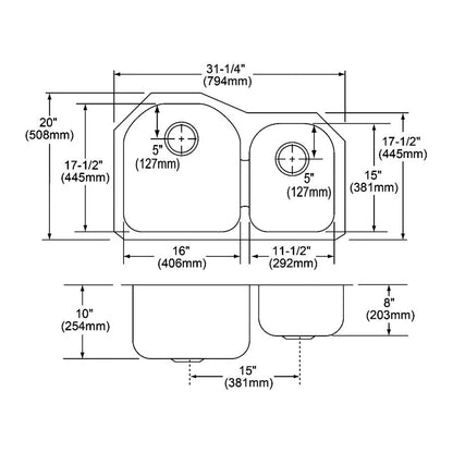 Harmony - 31-1/4" Offset Kitchen Sink - Undermount - Satin