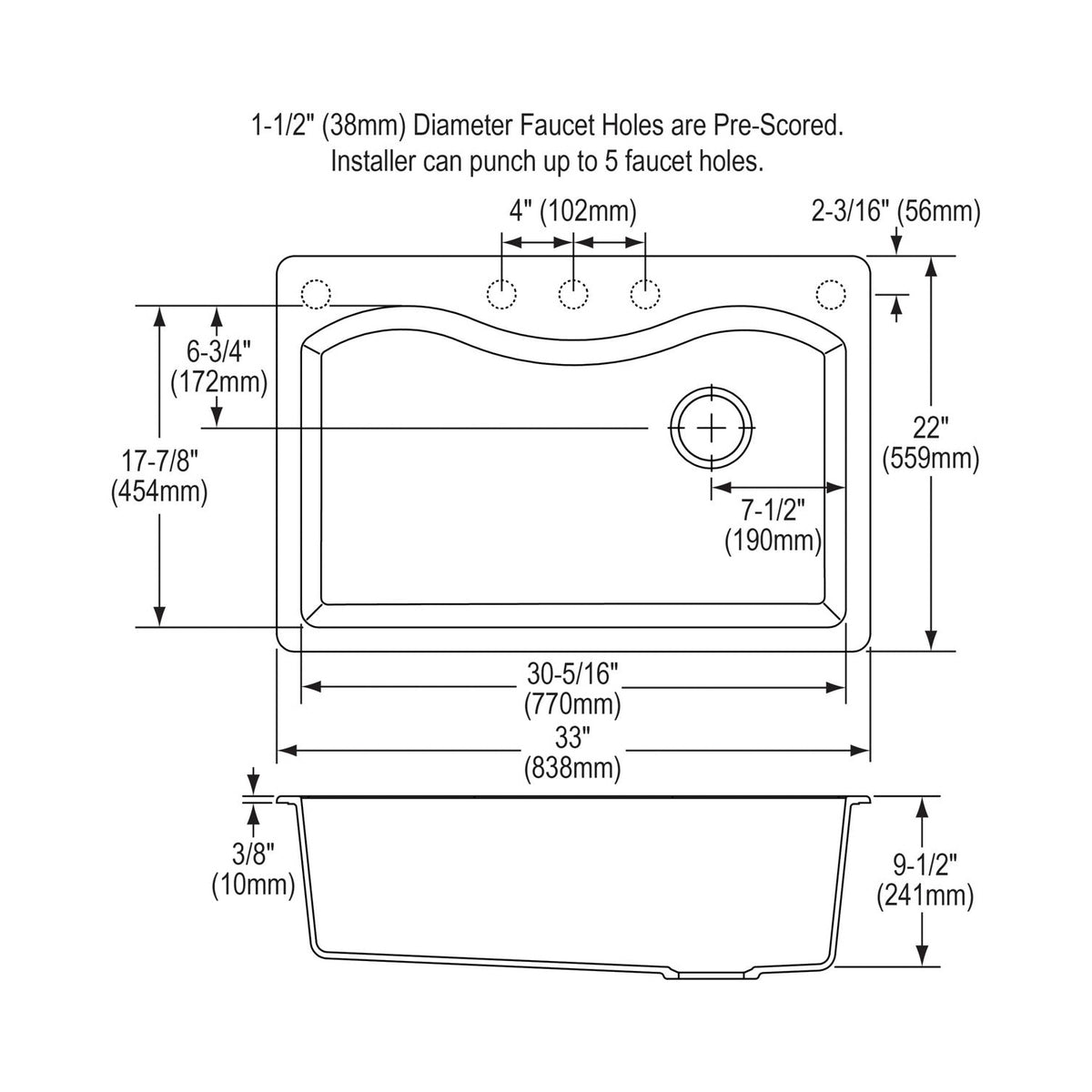 Classic - 33" Kitchen Sink - Drop-in - Single Bowl