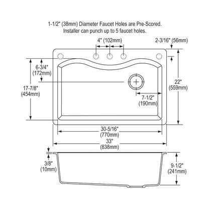 Classic - 33" Kitchen Sink - Drop-in - Single Bowl