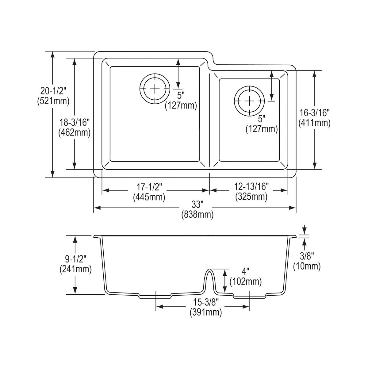 Quartz Classic - 33" Offset Kitchen Sink with Aqua Divide