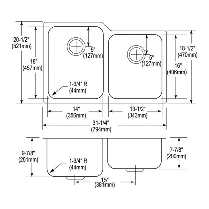 Lustertone Classic - 31-1/4" Offset Kitchen Sink - ELUH3120R