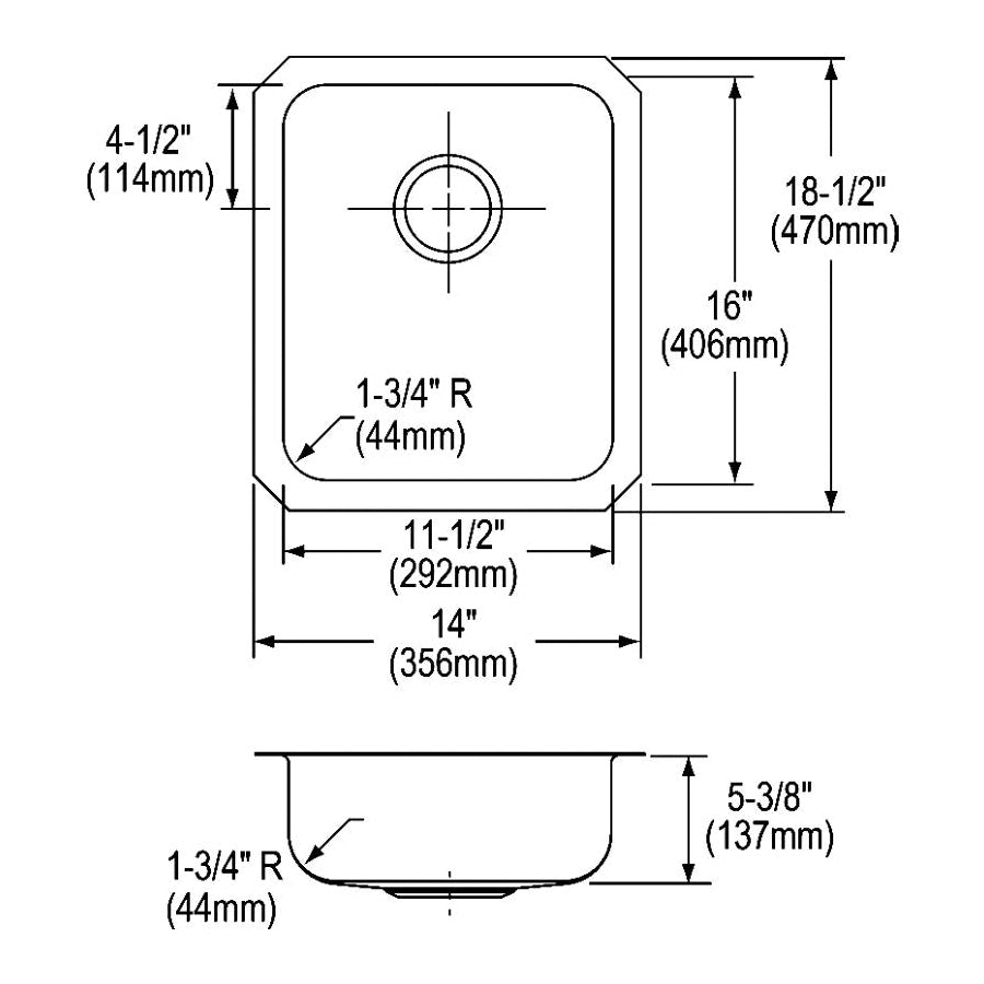 Lustertone - 14" Kitchen Sink - Undermount - Single Bowl