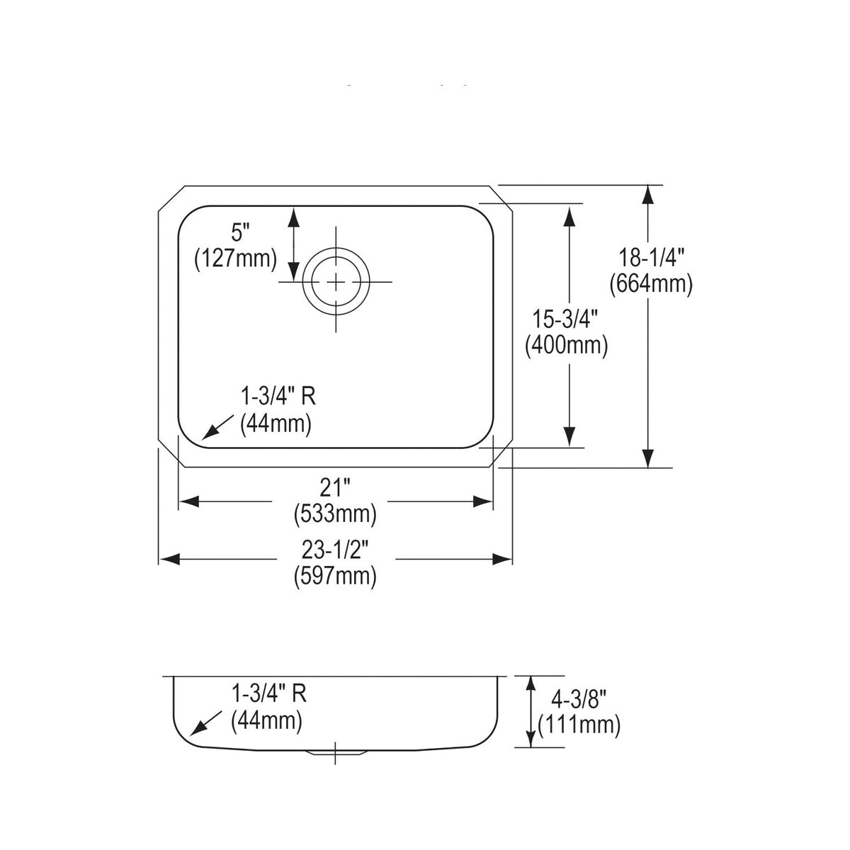 Elkay® ELUHAD211545 Lustertone™ Classic Kitchen Sink, Rectangle Shape, 21 in L x 15-3/4 in W Bowl x 4-3/8 in D Bowl, 23-1/2 in L x 18-1/4 in W x 4-3/8 in H, Undermount Mounting, 18 ga 304 Stainless Steel