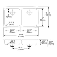Elkay® ELUHAD311850PD Lustertone™ Classic Kitchen Sink, Rectangle Shape, 13-1/2 in Left, 13-1/2 in Right L x 16 in Left, 16 in Right W Bowl x 4-7/8 in Left, 4-7/8 in Right D Bowl, 30-3/4 in L x 18-1/2 in W x 4-7/8 in H, Undermount Mounting