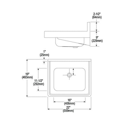 22" Bathroom Sink - Wall Mount - 304 Stainless Steel
