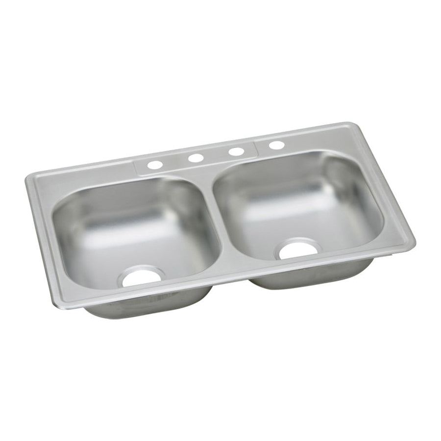 Elkay® Dayton® Kitchen Sink With J-Channels, Satin, Rectangle Shape, 14 in Left, 14 in Right L x 15-3/4 in Left, 15-3/4 in Right W x 5-7/8 in Left, 5-7/8 in Right D Bowl, 33 in L x 22 in W x 6-1/16 in H, Top Mount, Stainlessteel