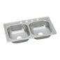 Elkay® Dayton® Kitchen Sink With J-Channels, Satin, Rectangle Shape, 14 in Left, 14 in Right L x 15-3/4 in Left, 15-3/4 in Right W x 5-7/8 in Left, 5-7/8 in Right D Bowl, 33 in L x 22 in W x 6-1/16 in H, Top Mount, Stainlessteel