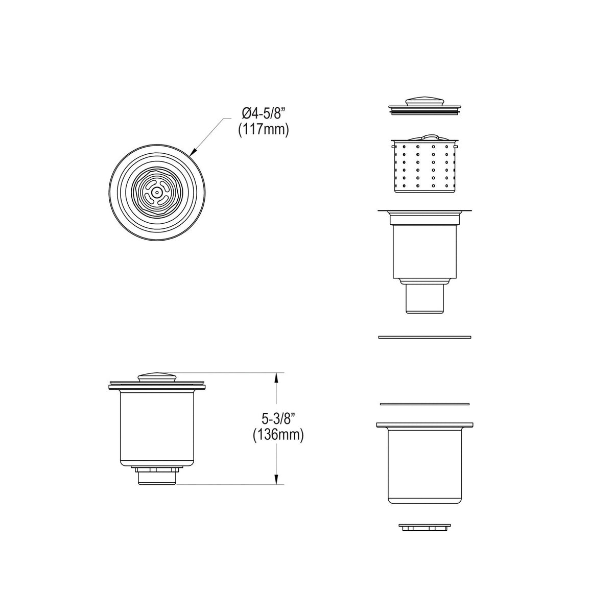 Deep Strainer Basket and Brass Tailpiece - Stainless Steel