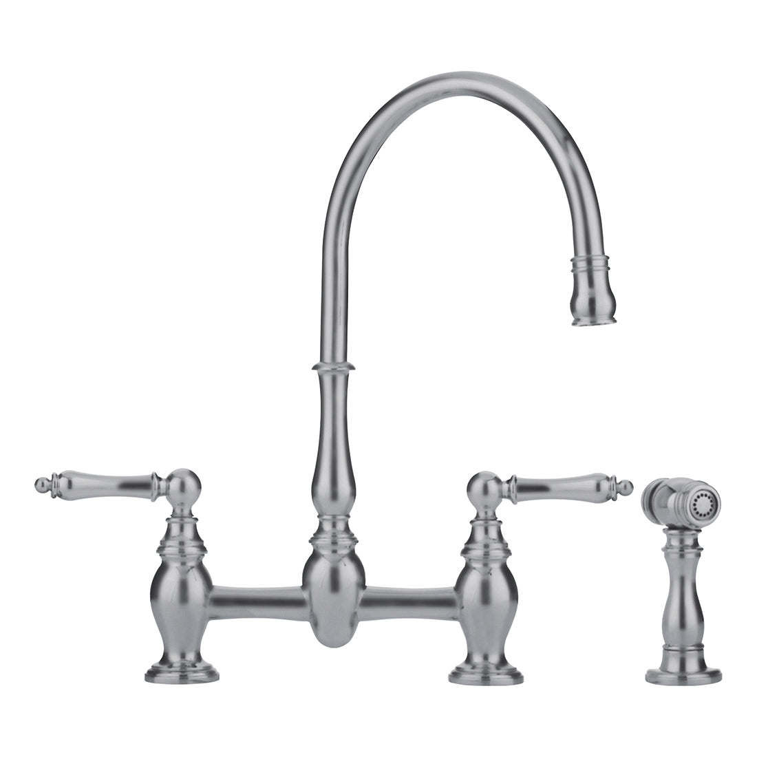 FRANKE Farm House Press/Hold Bridge Faucet, FF60, Residential, 1.75 gpm Flow Rate, 8 in Center, 180 deg Swivel/Arc Spout, 2 Handles