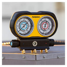 Fieldpiece GS322F 3 Port Analog Gauge Set, 0 to 800 psi High Side, 30 inHg to 500 psi Low Side Pressure, (3) 1/4 in SAE Male Flare Fitting Connection, +/-1 % Accuracy