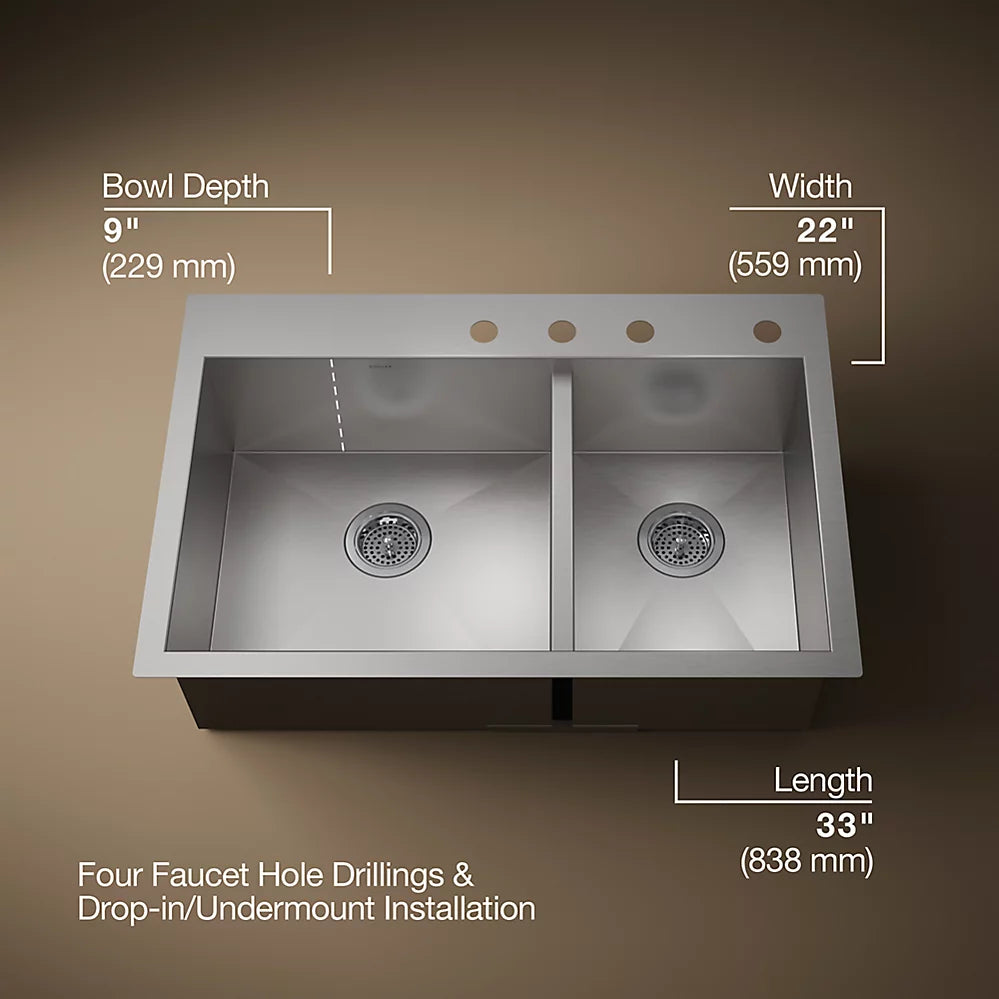 Vault 33" Double Basin Top-Mount/Under-Mount 18-Gauge Stainless Steel Kitchen Sink