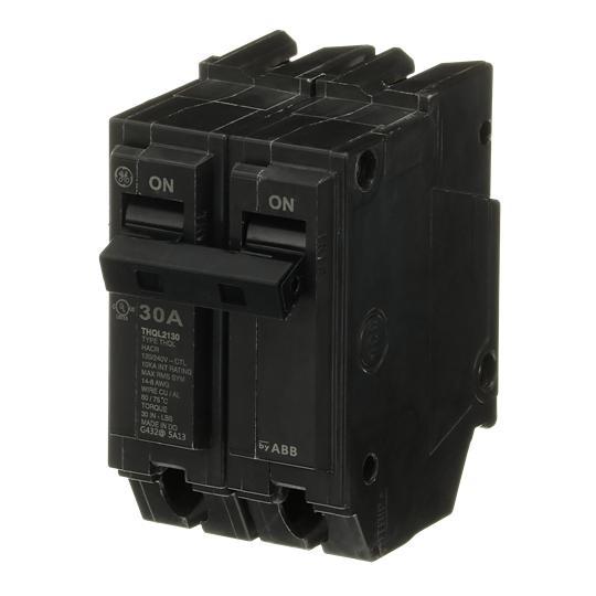 GE Q-Line® THQL2130 Type THQL Molded Case Circuit Breaker, 120/240 V AC, 30 A, 10 kA Interrupt, 2 Poles, Thermal Magnetic Trip