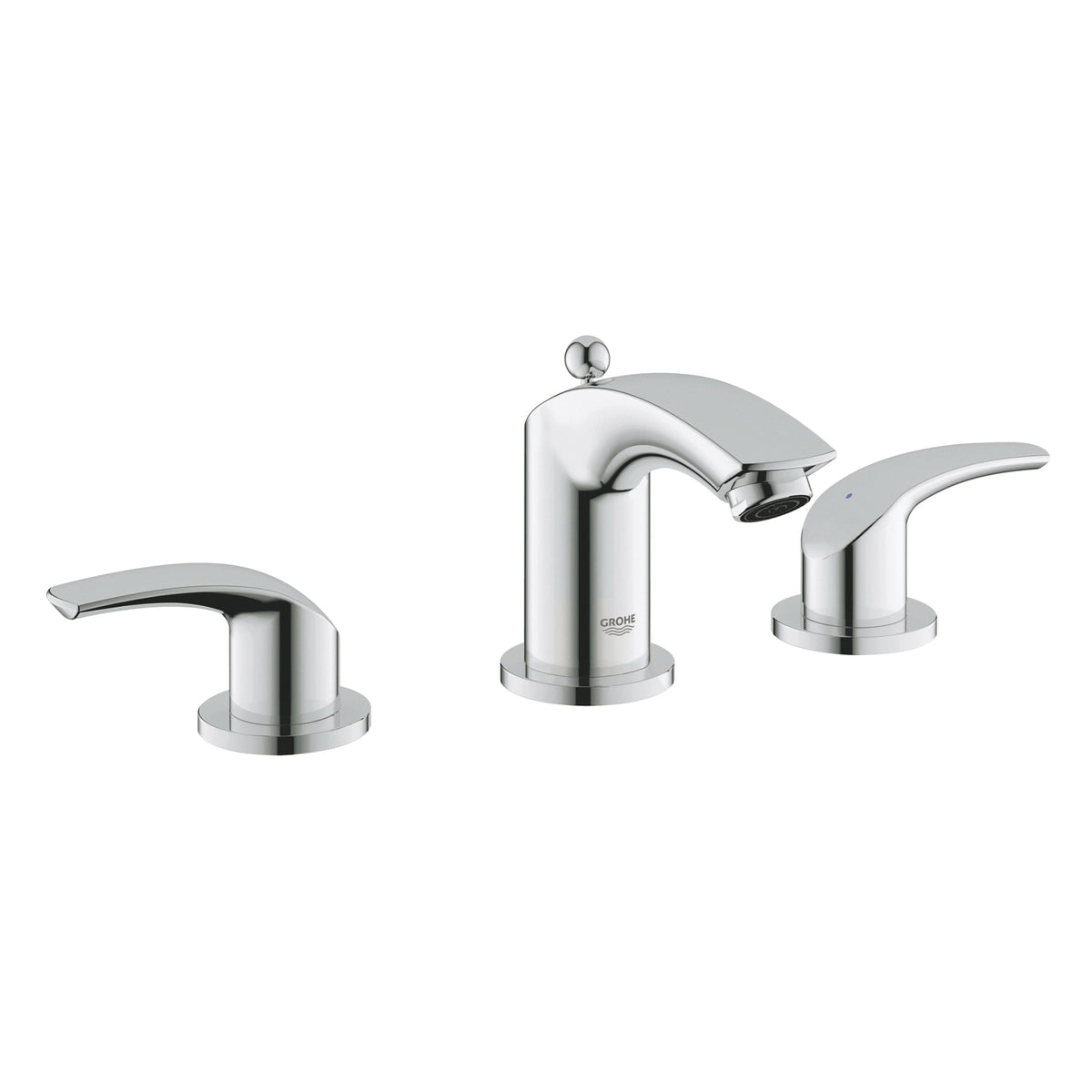 GROHE 2029400A Small Widespread Bathroom Basin Mixer, Eurosmart®, 1.2 gpm Flow Rate, 2-15/16 in H Spout, 5-1/2 to 13-3/8 in Center, StarLight® Polished Chrome, 2 Handles, Pop-Up Drain, Import