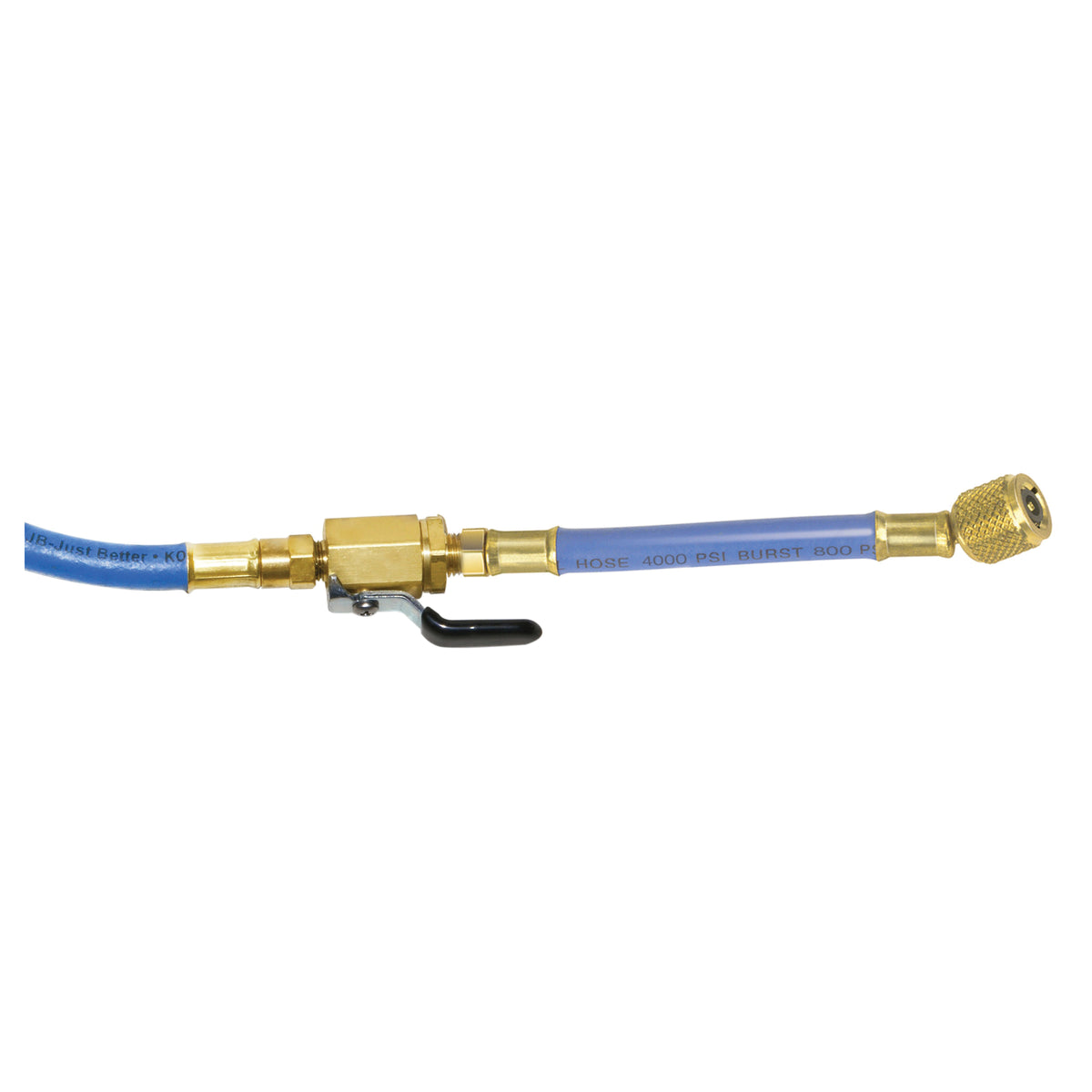 JB Industries Kobra® CLV-36R 1-Piece Enviro-Safe High Pressure Charging Hose With Whip End Ball Valve, 1/4 in, 36 in L, 800 psi, Kevlar®, Domestic