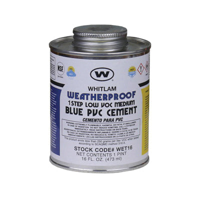 WHITLAM® WET16 Low VOC Medium Body Weatherproof PVC Cement, 1 pt Container, Blue