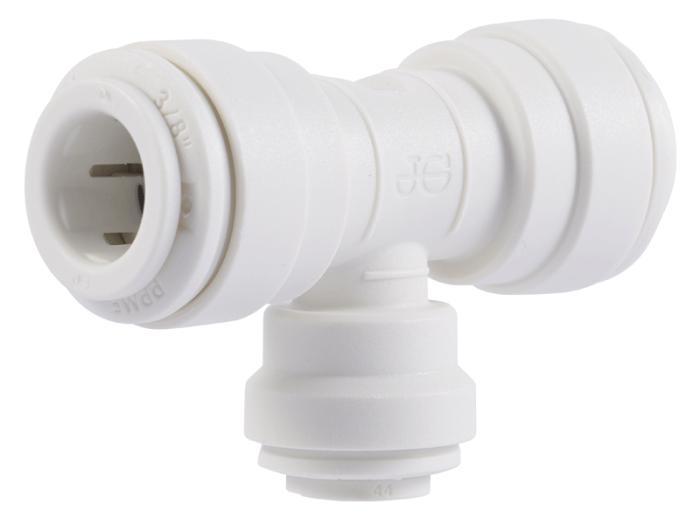 John Guest® PP30080812W-US Reducing Tee, 1/4 x 1/4 x 3/8 in Nominal, Tube OD x Tube OD x Tube OD End Style, Polypropylene