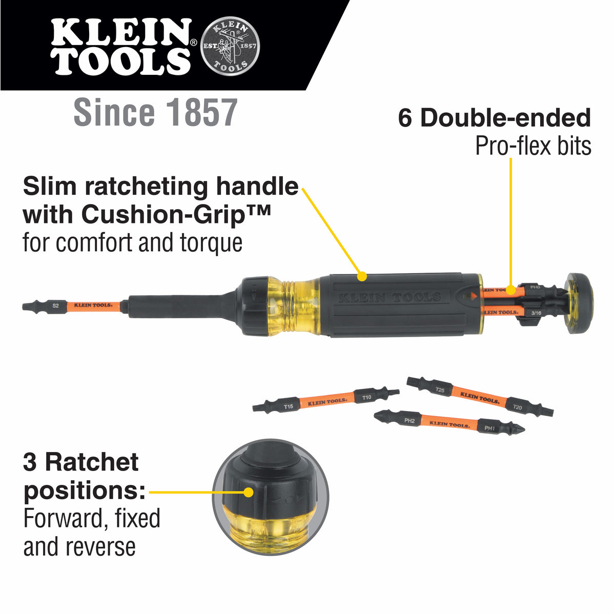 Klein® 32313HD 13-in-1 Ratcheting Screwdriver, 7 Pieces, T10, T15, T20, T25 Range, Cushion Grip Handle, Steel