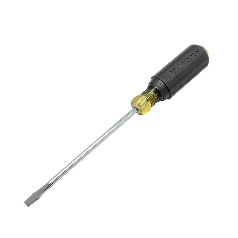 Klein® Cushion-Grip® 605-6 Heavy Duty Screwdriver, 1/4 in Cabinet Point, Steel Shank, 10-11/32 in OAL, Rubber Handle, Polished Chrome, ANSI/ASME Specified