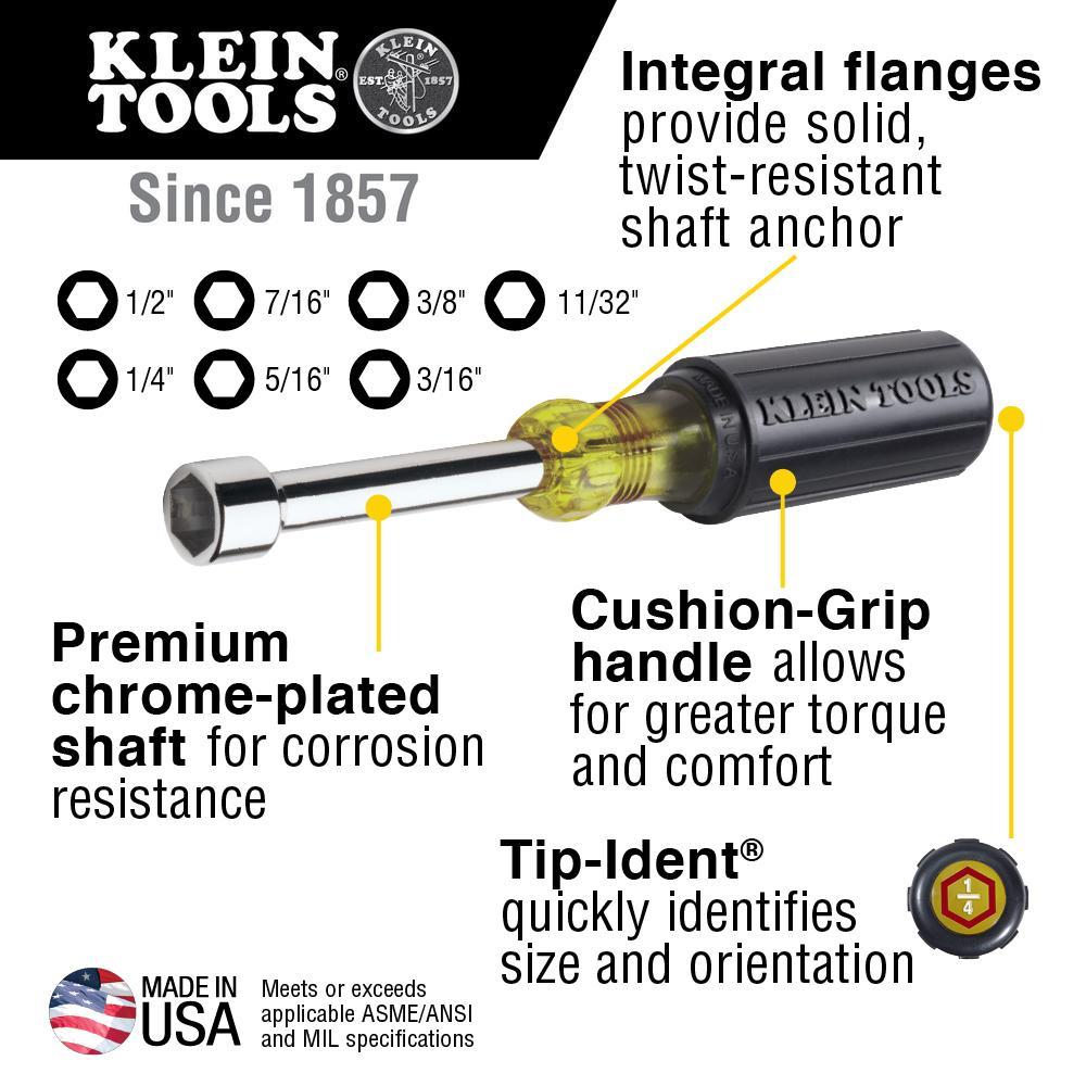 Klein® 647 Hex Heavy Duty Nutdriver Set, 7 Pieces, 10-1/4 in OAL, Cushion Grip Handle, Steel, Polished Chrome