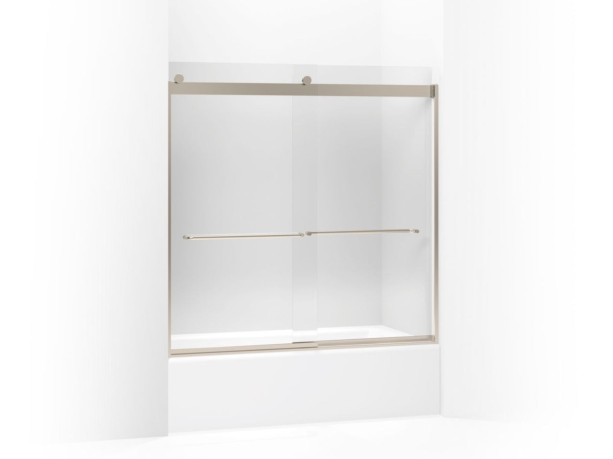 Levity - Frameless Sliding Bathtub Door - 56-5/8 to 59-5/8 in W Opening - 59-3/4 in H - 1/4 in Clear Tempered Glass - With Towel Bar - Anodized Brushed Bronze