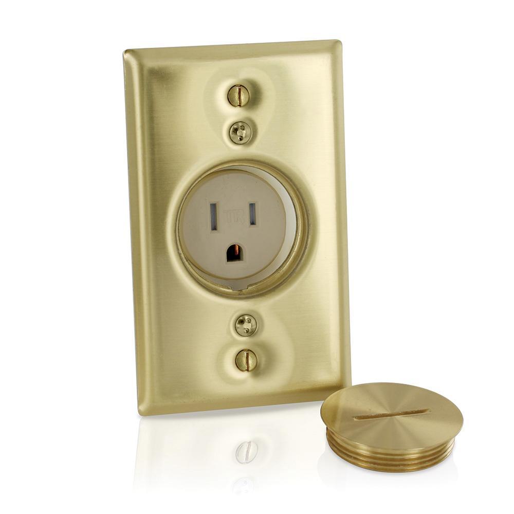 Leviton® T5250-B Duplex Single Tamper Resistant Display Receptacle With Brass Wallplate, Screw Cap, 125 V AC, 15 A, 2 Poles, 3 Wires, Ivory
