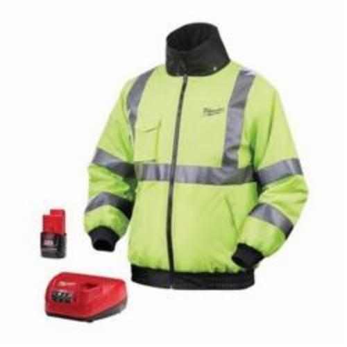 Milwaukee® M12™ Cordless Heated Jacket Kit, Hi-Viz Lime Green, 300 Denier Polyester Outer, Resists: Water and Wind, Specifications Met: ANSI/ISEA 107-2010 Class 3