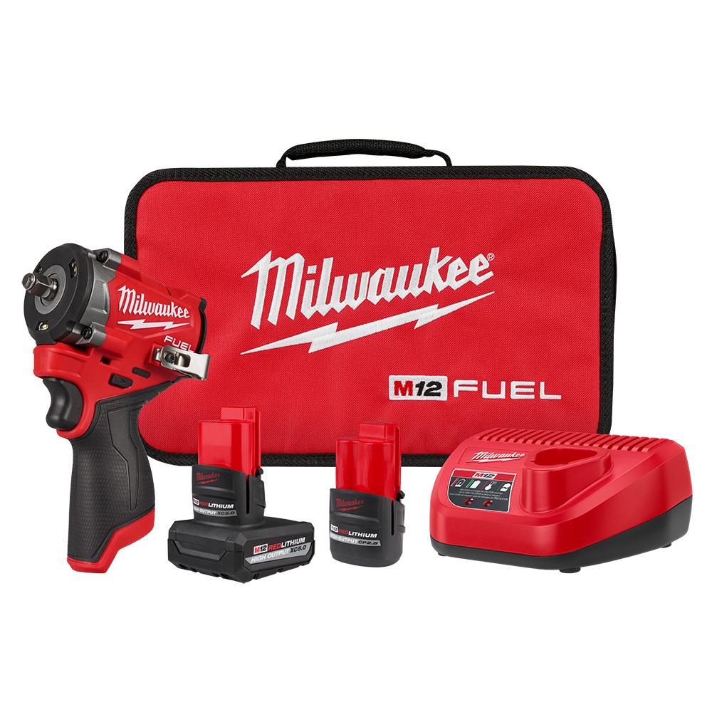 Milwaukee® 2562-22 M12 FUEL™ Stubby Impact Wrench Kit, 3/8 in Drive, 3300 bpm, 6600 in-lb Torque Rating, 12 V, 4.8 in OAL