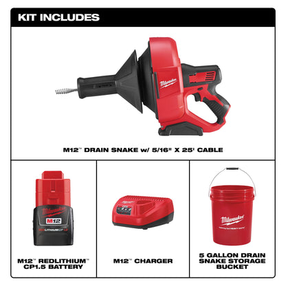 Cordless Drain Snake Kit, 25 ft Max Run
