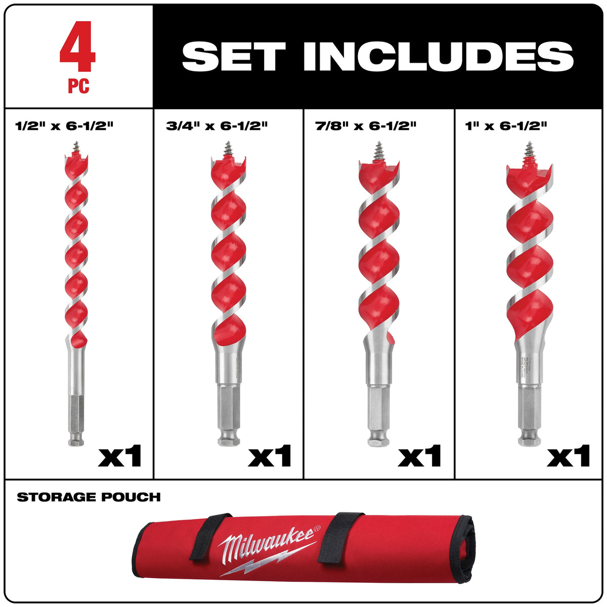 Wood Drill Bit Set - 4 Pieces - Alloy Steel