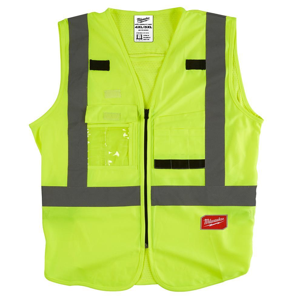 Milwaukee® 48-73-5024 Safety Vest, 4XL/5XL, Hi-Viz Yellow, Polyester, Single Pull Zipper/Hook and Loop Closure, 10 Pockets, ANSI Class: Class 2, ANSI 107-15 TYPE R
