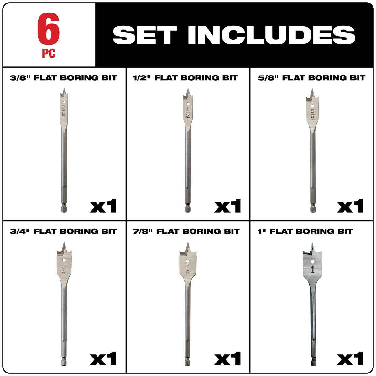 Universal Flat Boring Bit Set - 6 Pieces - Carbon Steel