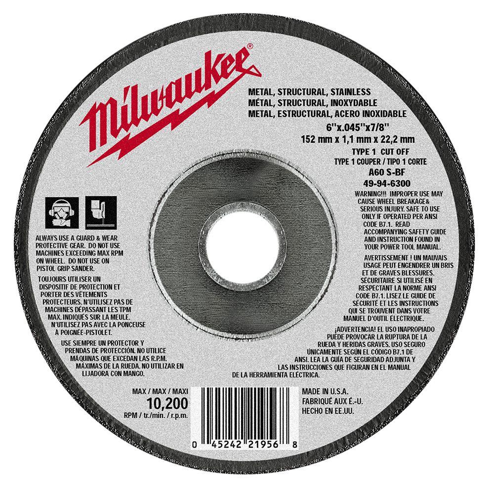 Milwaukee® 49-94-6300 Type 1 Reinforced Cutting Wheel, 6 in Dia x 0.045 in THK, 7/8 in Center Hole, A60T Grit, Aluminum Oxide Abrasive