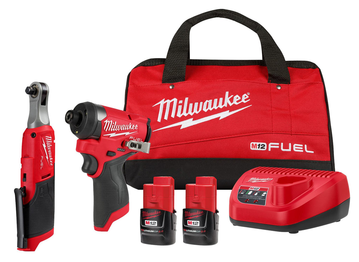 Milwaukee® 3453-22HSR M12 FUEL Brushless Drill/Driver Kit, Tools: Impact Driver/High Speed Ratchet, 12 V, 2 Ah Li-Ion Battery, 1/4 in Chuck Size, 1/2 in Anvil Size, 125 ft-lb Torque
