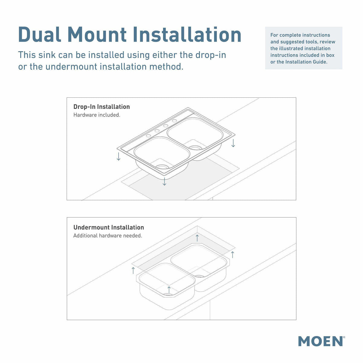 Moen® GGW3026B Sink, 33 in L x 20 in W x 9-1/2 in D, Dual Mounting, Granite, White, Import