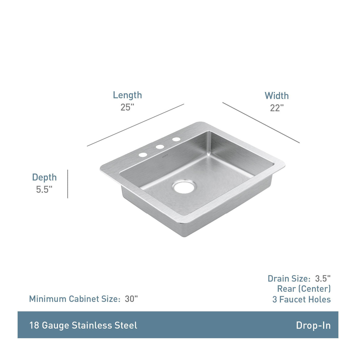 Rear Center Drain Sink - Drop-in - Single Bowl