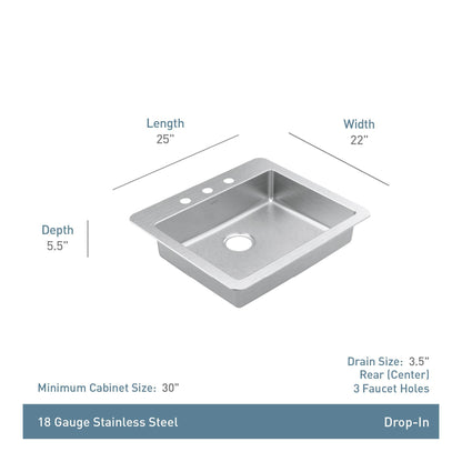 Rear Center Drain Sink - Drop-in - Single Bowl