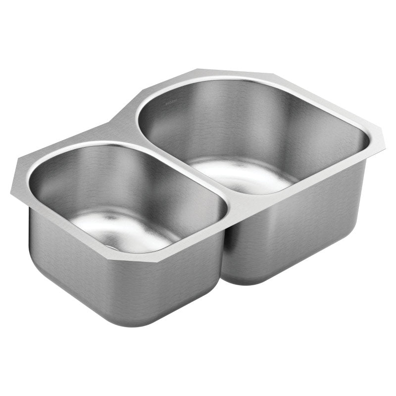 Moen® GS18246B 1800 Rear Center Drain Sink, Stainless Steel, 13 in Left/18 in Right L x 16-1/2 in Left/18 in Right W Bowl x 8 in Left/10 in Right D Bowl, 31-1/4 in L x 20 in W, Undermount Mounting, 18 ga Stainless Steel