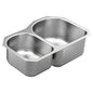 Moen® GS18246B 1800 Rear Center Drain Sink, Stainless Steel, 13 in Left/18 in Right L x 16-1/2 in Left/18 in Right W Bowl x 8 in Left/10 in Right D Bowl, 31-1/4 in L x 20 in W, Undermount Mounting, 18 ga Stainless Steel