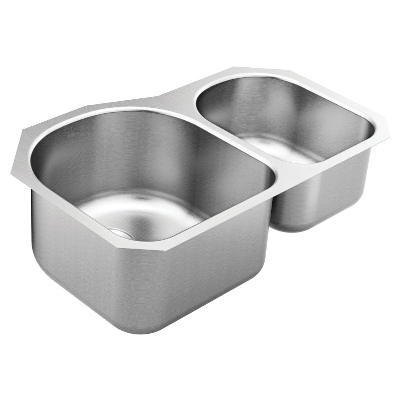 Moen® GS18264B 1800 Rear Center Drain Sink, Stainless Steel, 18 in Left/13 in Right L x 18 in Left/16-1/2 in Right W Bowl x 10 in Left/8 in Right D Bowl, 31-1/4 in L x 20 in W, Undermount Mounting, 18 ga Stainless Steel