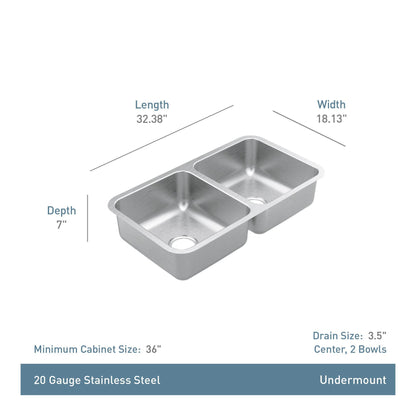 32-3/8" Center Drain Kitchen Sink - Undermount - Double Bowl